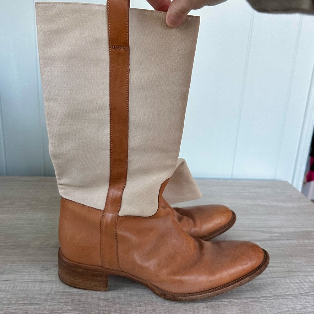 Sartore Paris Brown Leather & Beige Canvas Riding Boots Women’s 40.5 (US 10.5)